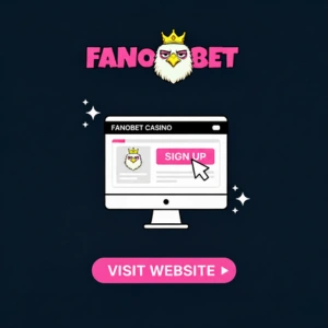 The FanoBet logo displayed with a computer screen showing the FanoBet casino page, with a "Sign Up" button and a cursor pointing at it.