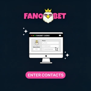The FanoBet logo displayed with a computer screen showing the contact details registration form for FanoBet Casino
