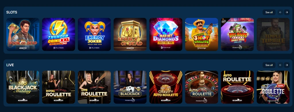 The game section on the FanoBet homepage, showcasing popular slots and live casino games.